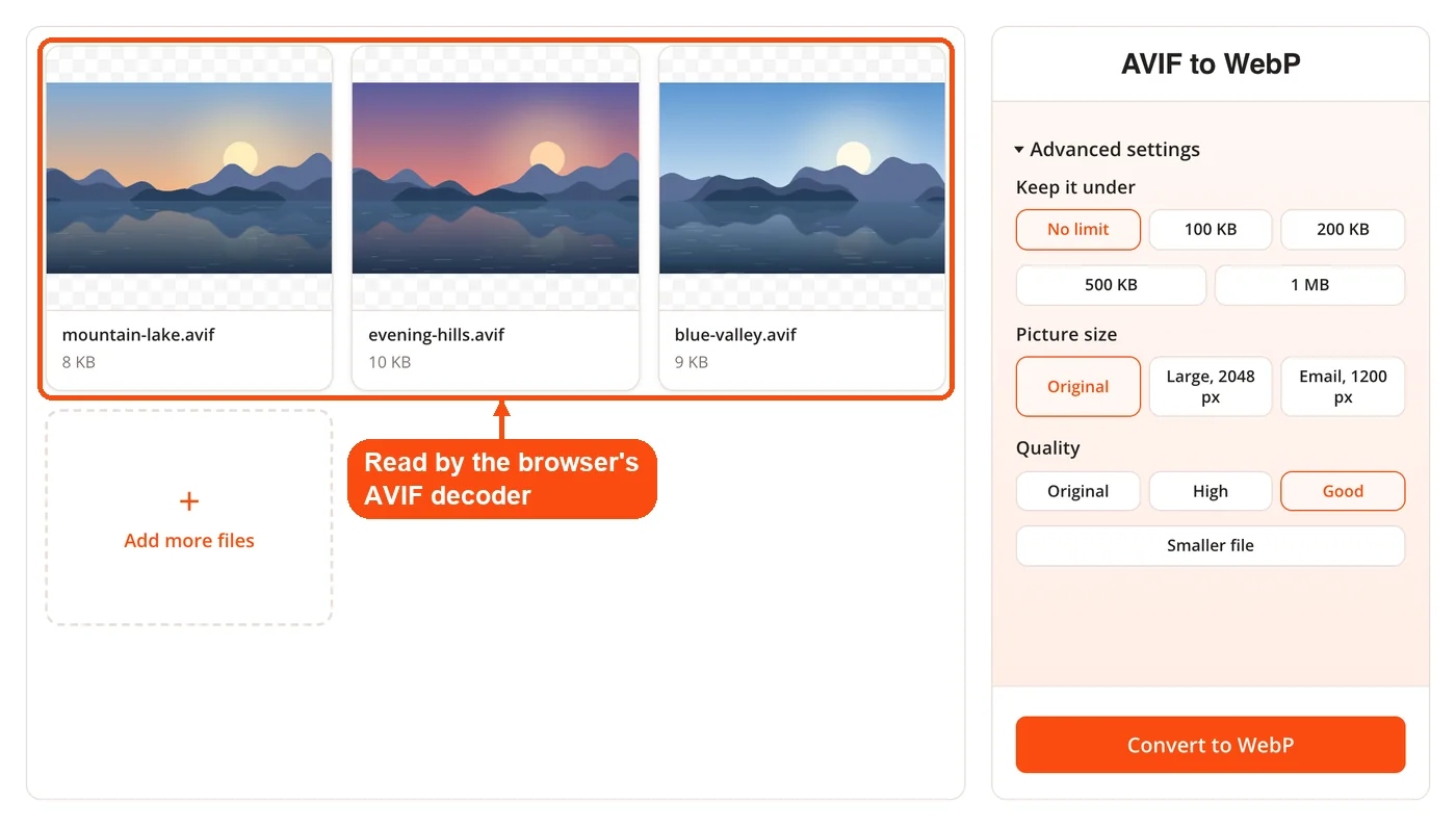 Three AVIF files decoded in the browser