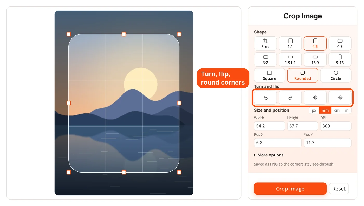 Rounded corners with turn and flip