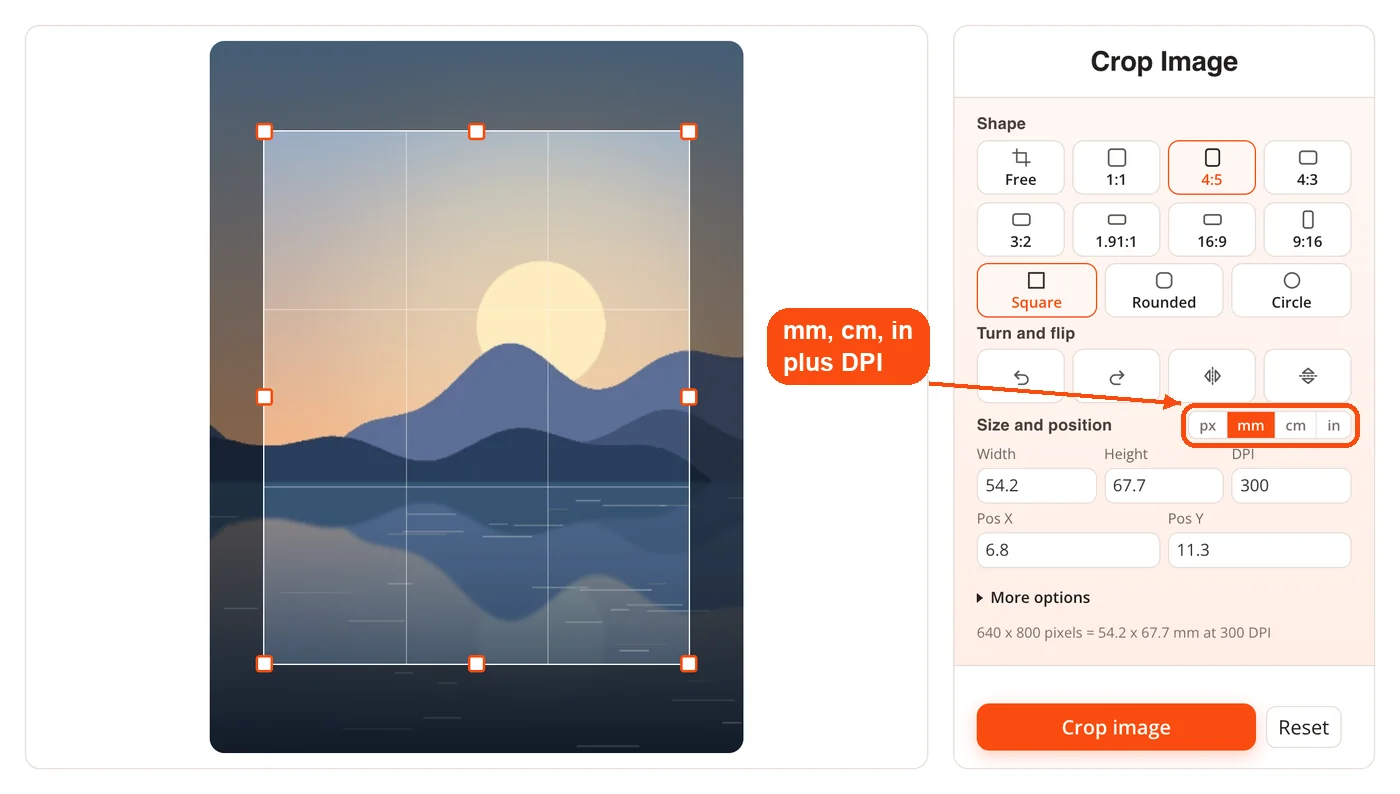 Millimetres selected with DPI set
