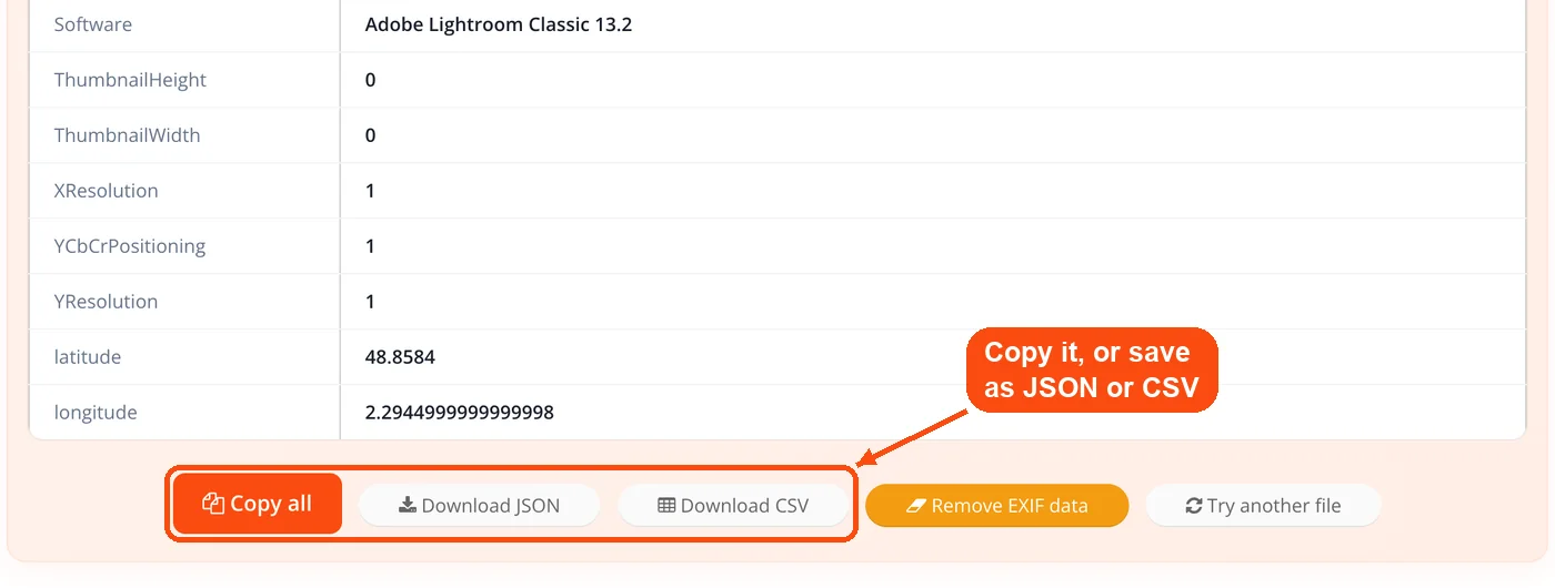 Copy, JSON and CSV export buttons