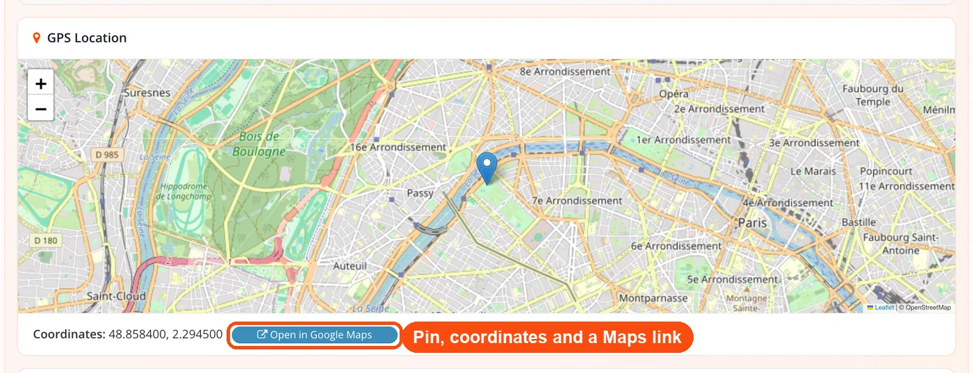 GPS map with a Google Maps link