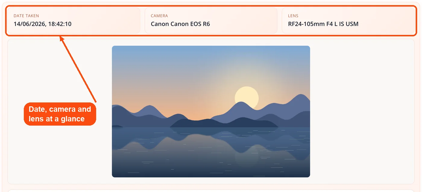 Date, camera and lens summary strip