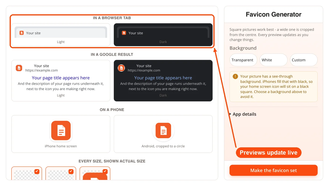 Favicon previews for tab, search and phone