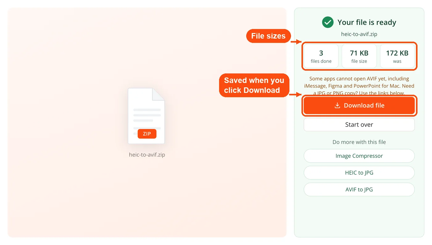 Result with file sizes and download
