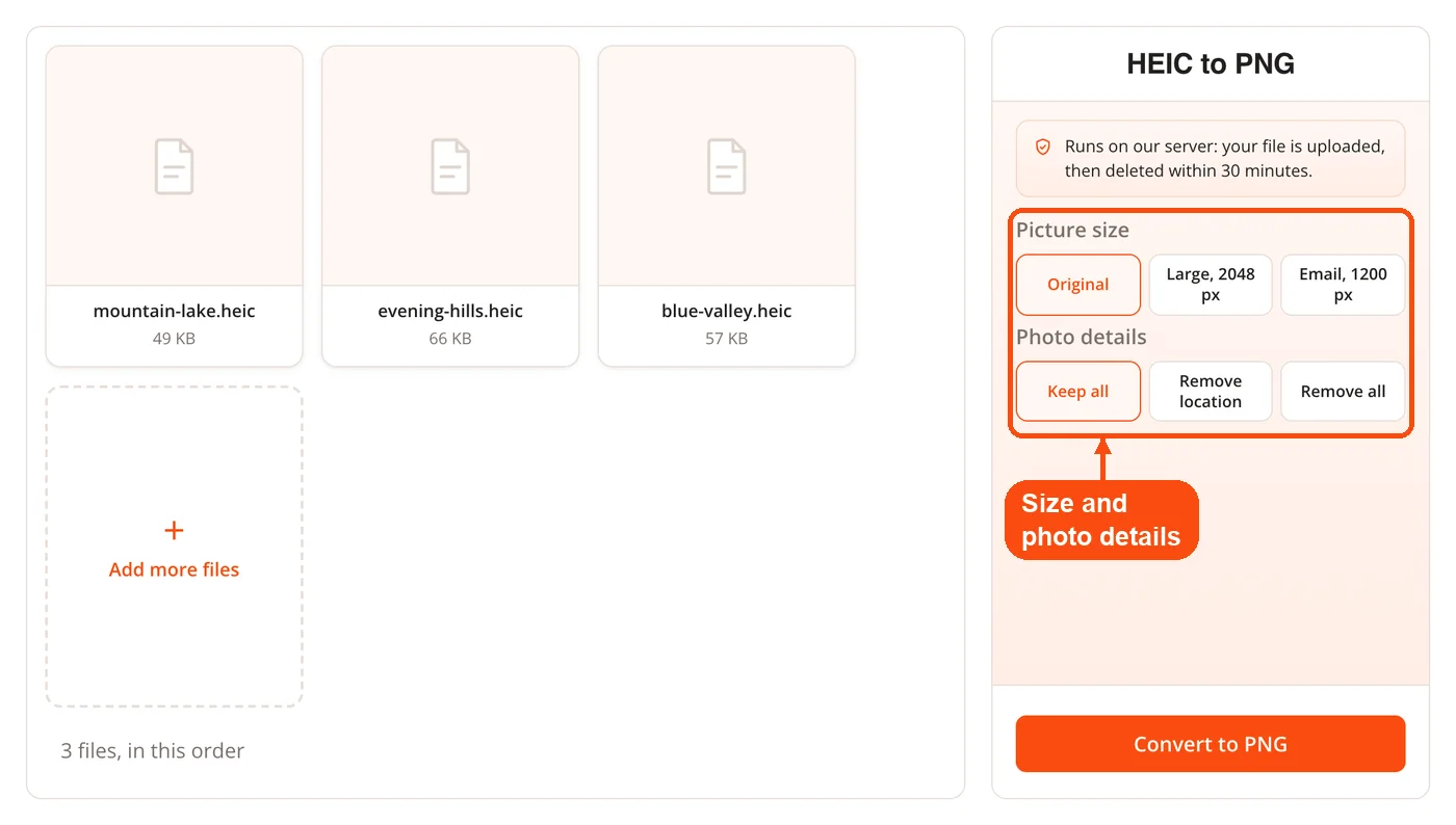 Picture size and photo details options