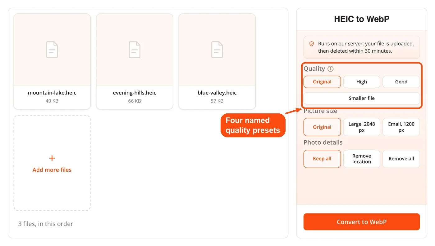 Quality presets for the WebP file