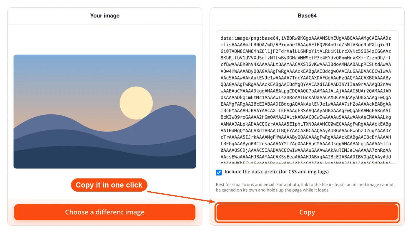 Copy button for the base64 string