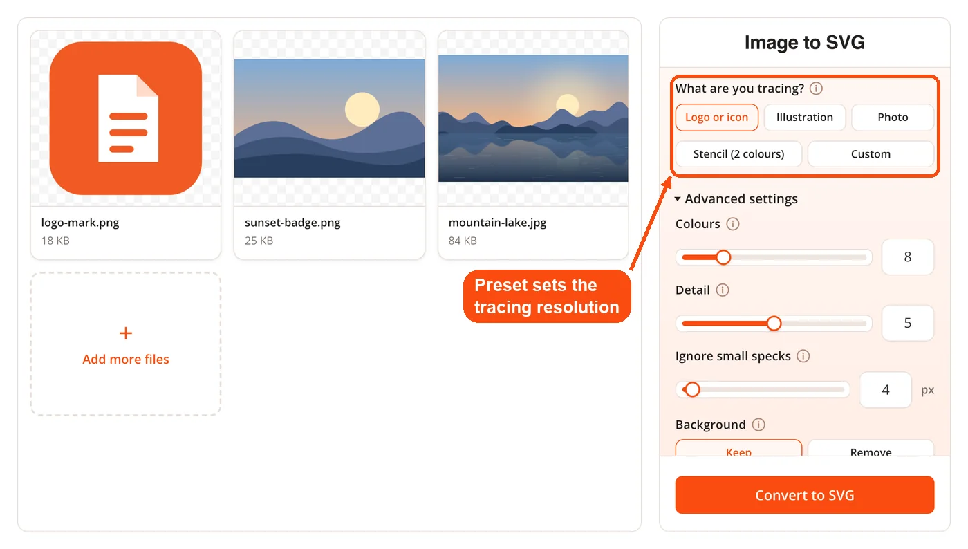 Tracing presets for logos, illustrations and photos