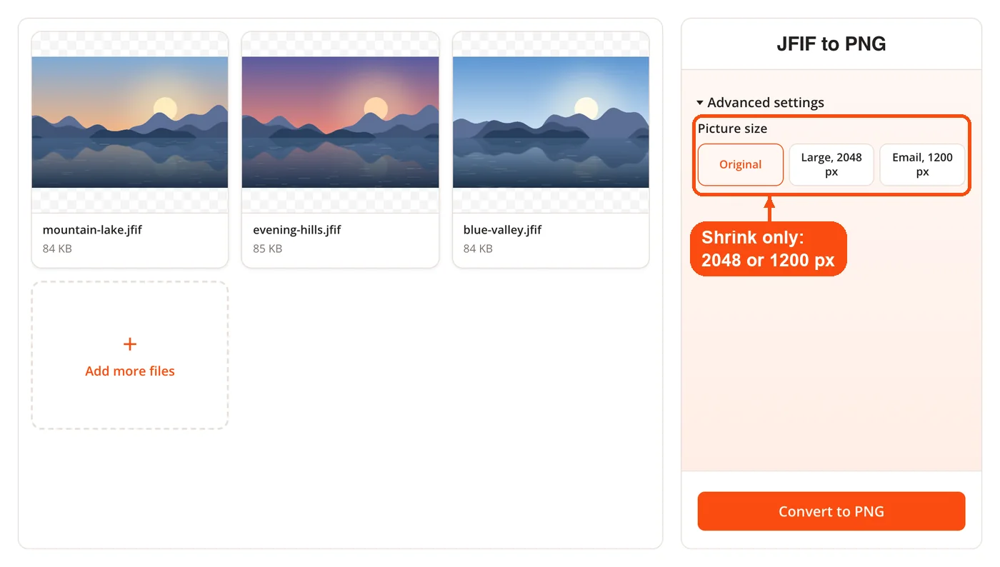 Picture size options for resizing