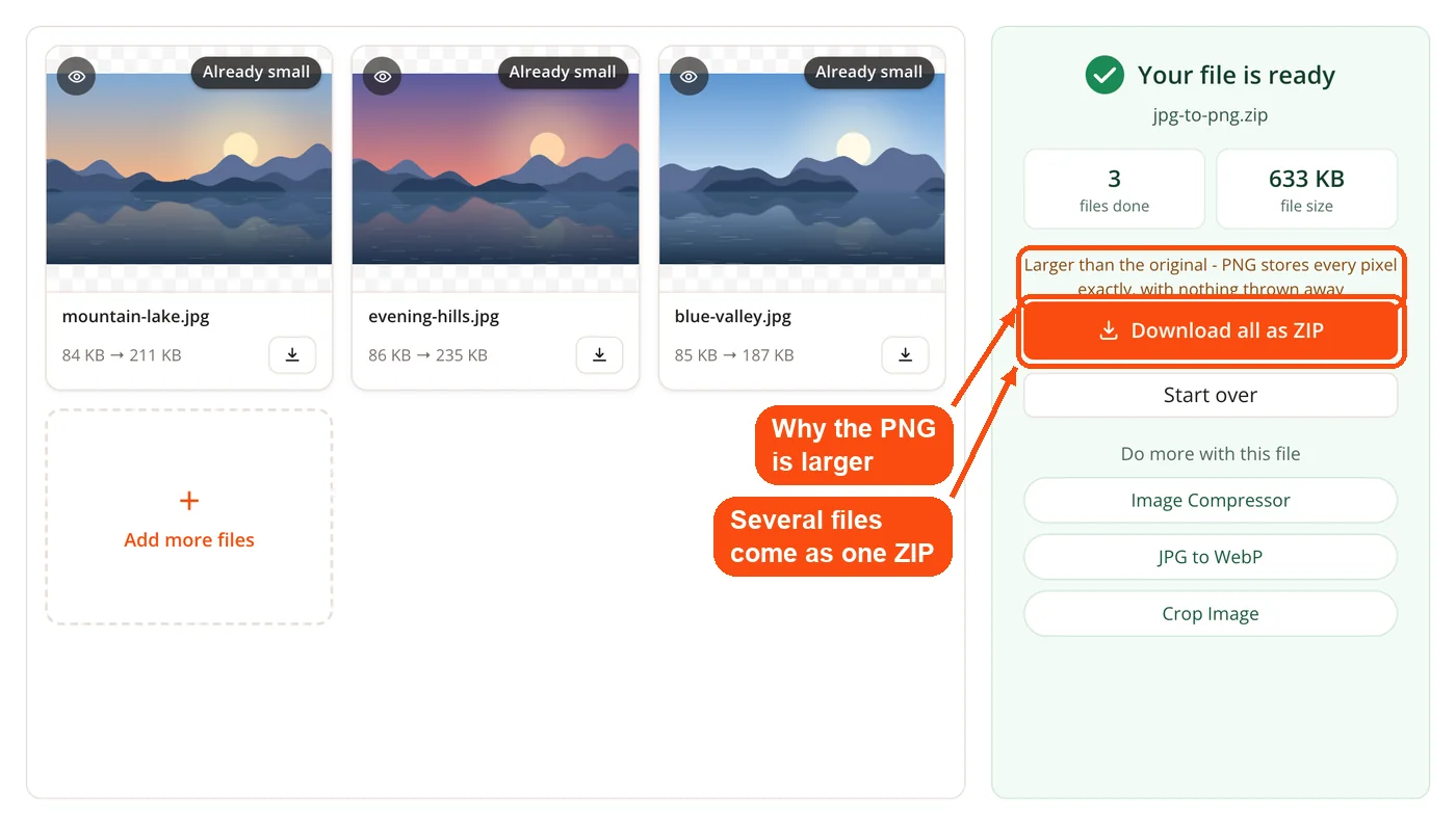 Result panel with the PNG files ready as a ZIP