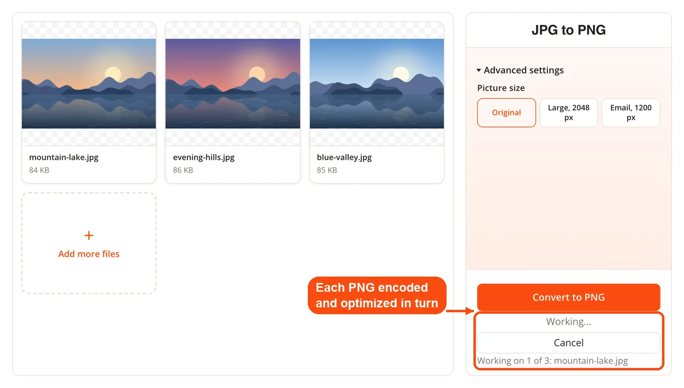 Progress while each PNG is encoded and optimized
