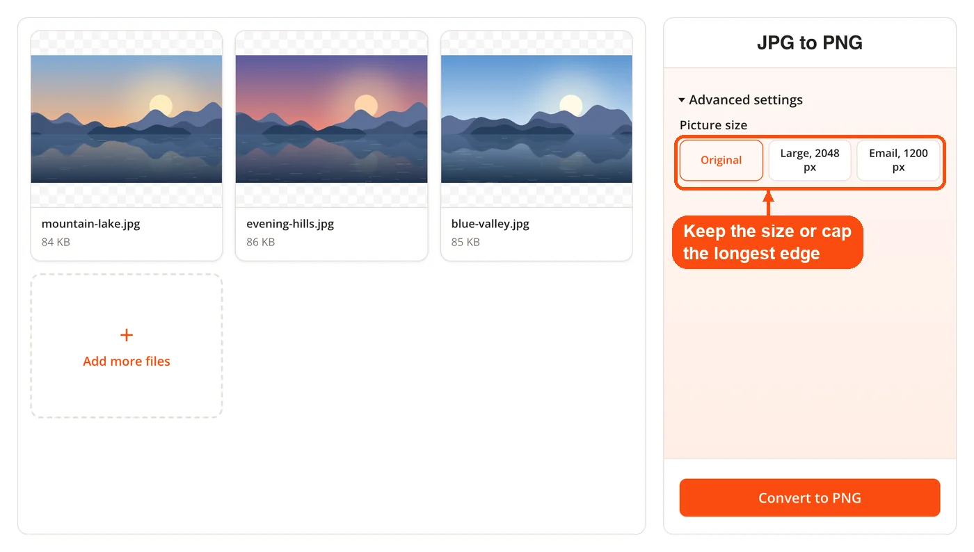 Picture size options for an optional resize