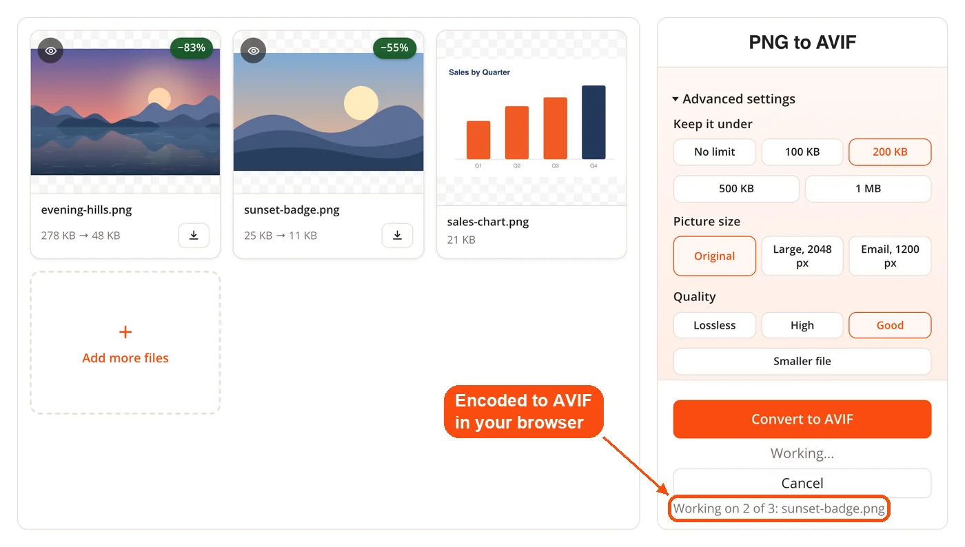 AVIF encoding progress in the panel