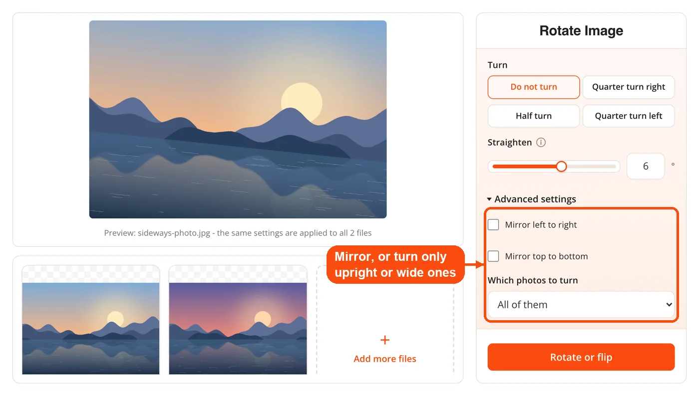 Mirror options and photo filter