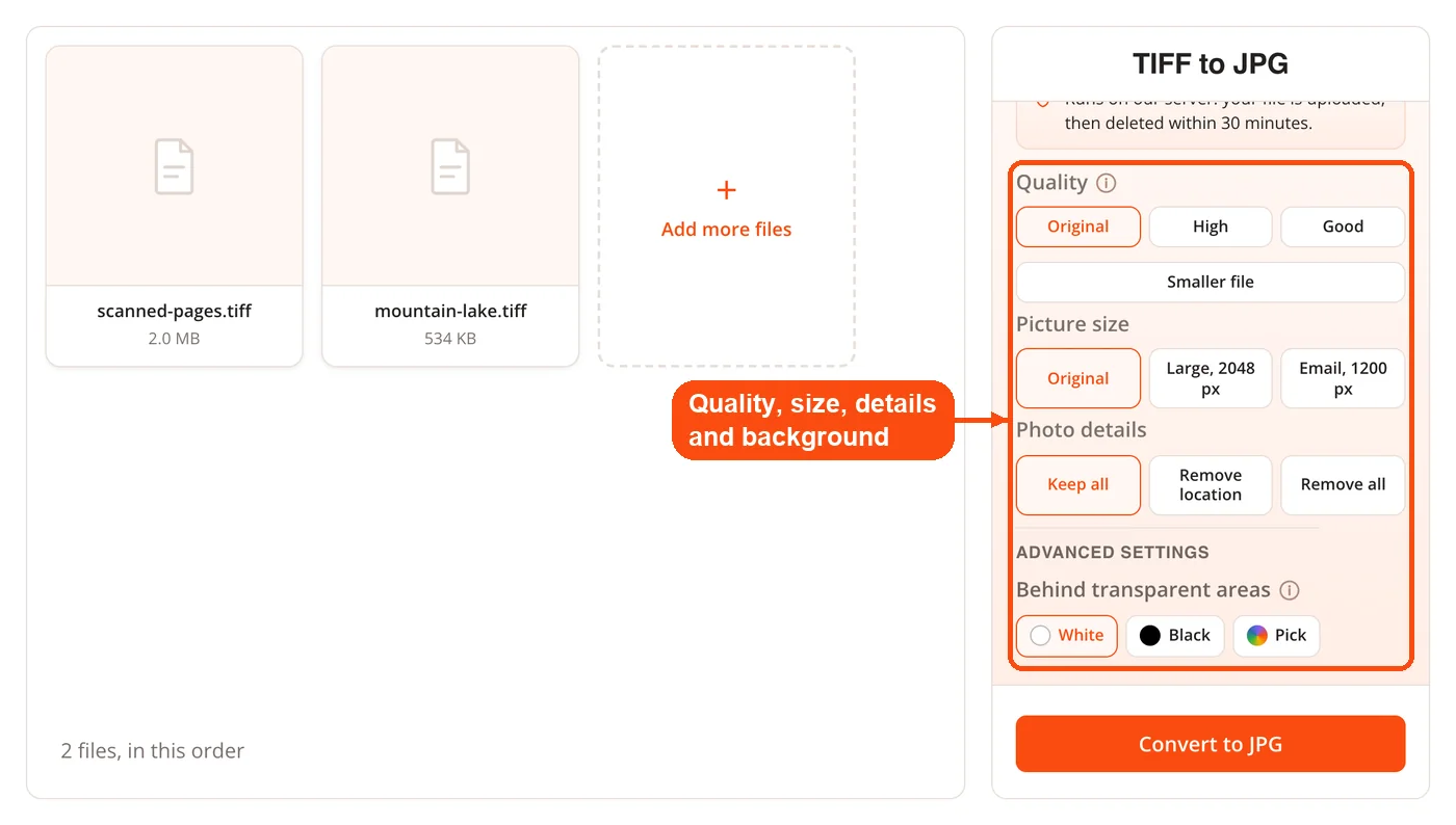 Quality, size, details and background options
