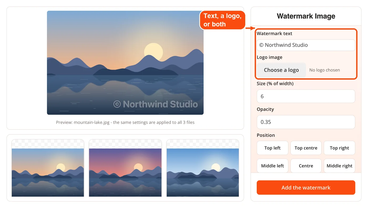 Watermark text and logo options