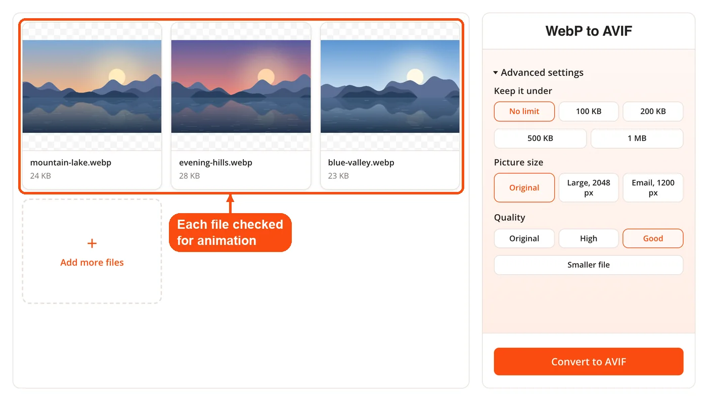 Three WebP files checked for animation