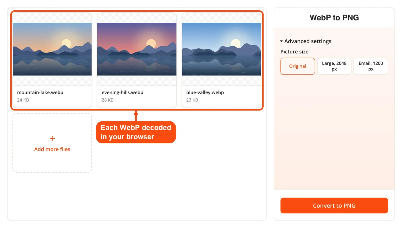 Three WebP images decoded in the browser